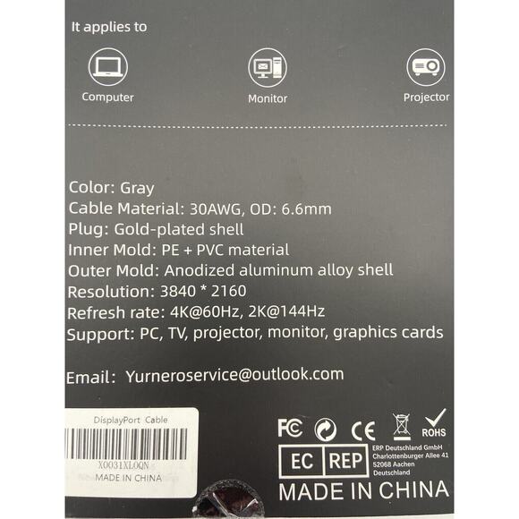 4K UHD DisplayPort Cable 6ft Braided High-Speed Yurnero NEW in Box - Picture 2 of 2